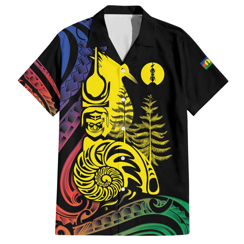 New Caledonia Kanaky Family Matching Off Shoulder Short Dress and Hawaiian Shirt Stylized Fleche Faitiere With Kagu Bird