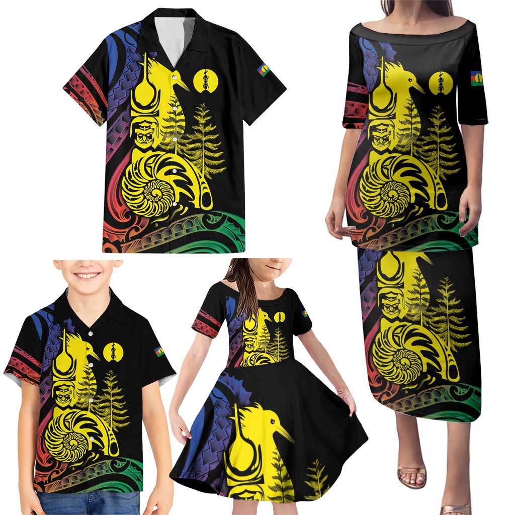 New Caledonia Kanaky Family Matching Puletasi and Hawaiian Shirt Stylized Fleche Faitiere With Kagu Bird