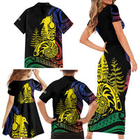 New Caledonia Kanaky Family Matching Short Sleeve Bodycon Dress and Hawaiian Shirt Stylized Fleche Faitiere With Kagu Bird
