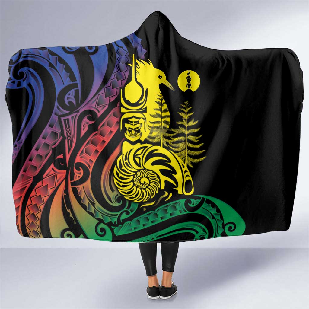 New Caledonia Kanaky Hooded Blanket Stylized Fleche Faitiere With Kagu Bird