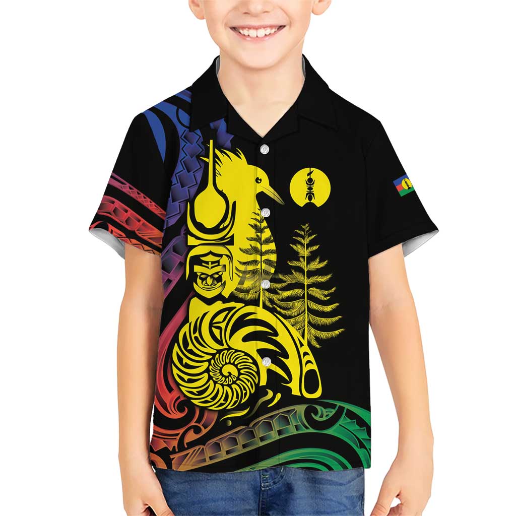 New Caledonia Kanaky Kid Hawaiian Shirt Stylized Fleche Faitiere With Kagu Bird