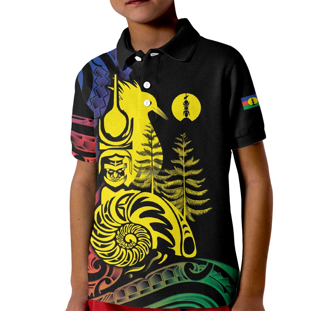 New Caledonia Kanaky Kid Polo Shirt Stylized Fleche Faitiere With Kagu Bird