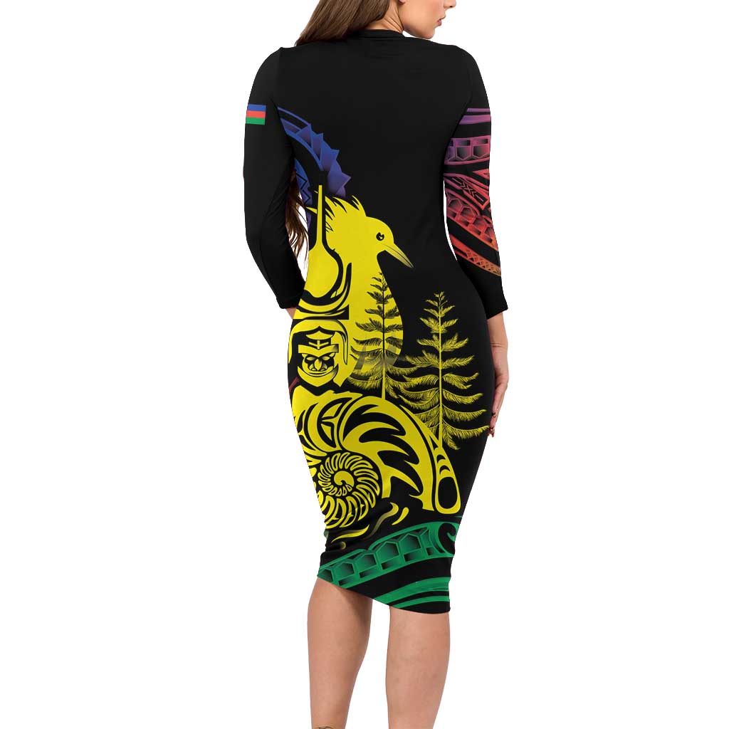 New Caledonia Kanaky Long Sleeve Bodycon Dress Stylized Fleche Faitiere With Kagu Bird
