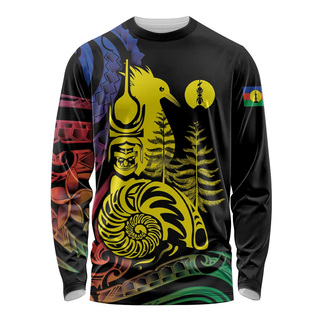 New Caledonia Kanaky Long Sleeve Shirt Stylized Fleche Faitiere With Kagu Bird