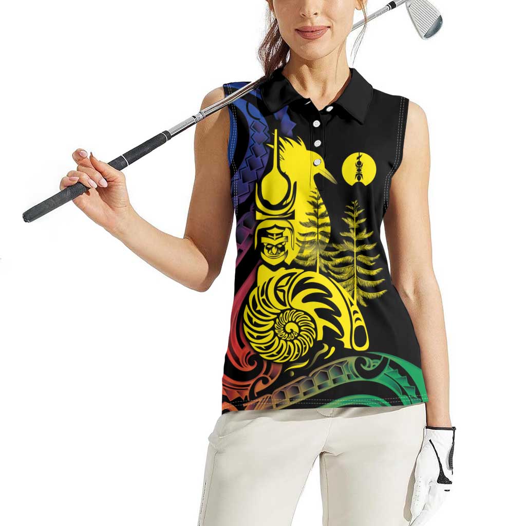 New Caledonia Kanaky Women Sleeveless Polo Shirt Stylized Fleche Faitiere With Kagu Bird