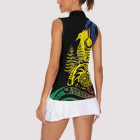 New Caledonia Kanaky Women Sleeveless Polo Shirt Stylized Fleche Faitiere With Kagu Bird