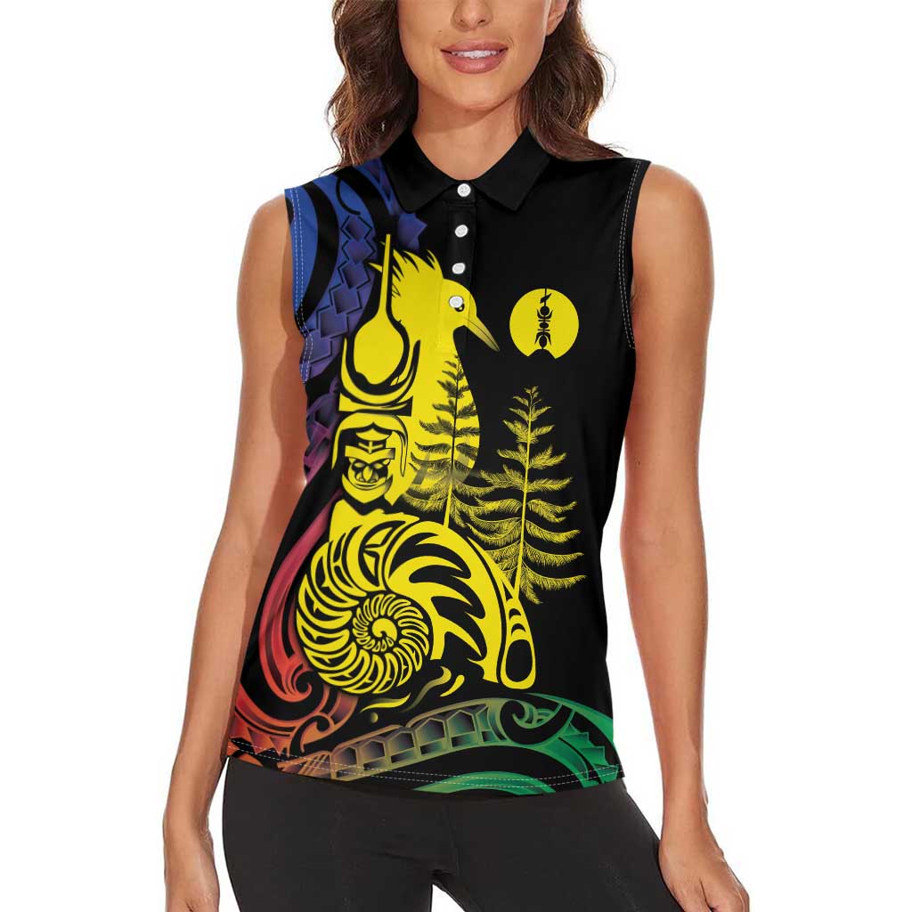 New Caledonia Kanaky Women Sleeveless Polo Shirt Stylized Fleche Faitiere With Kagu Bird