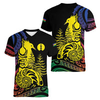 New Caledonia Kanaky Women V-Neck T-Shirt Stylized Fleche Faitiere With Kagu Bird