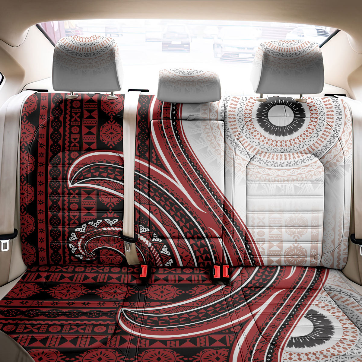 Bula Fiji Vintage Tapa Back Car Seat Cover Kaivity Masi Wave Motifs - Red LT7 - Polynesian Pride