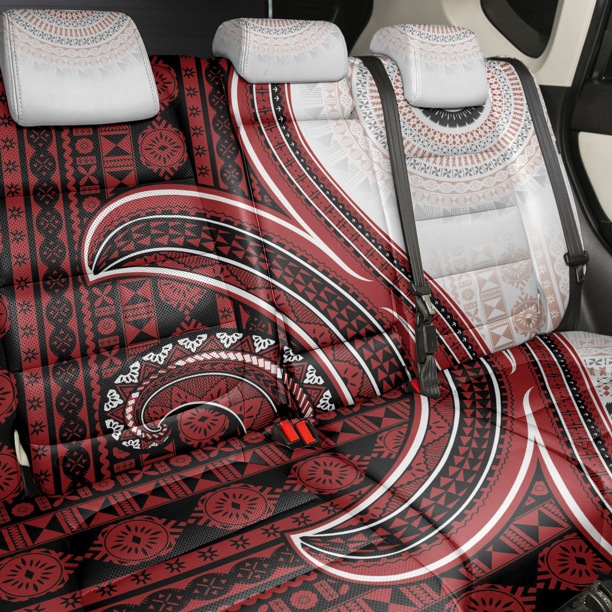Bula Fiji Vintage Tapa Back Car Seat Cover Kaivity Masi Wave Motifs - Red LT7 - Polynesian Pride