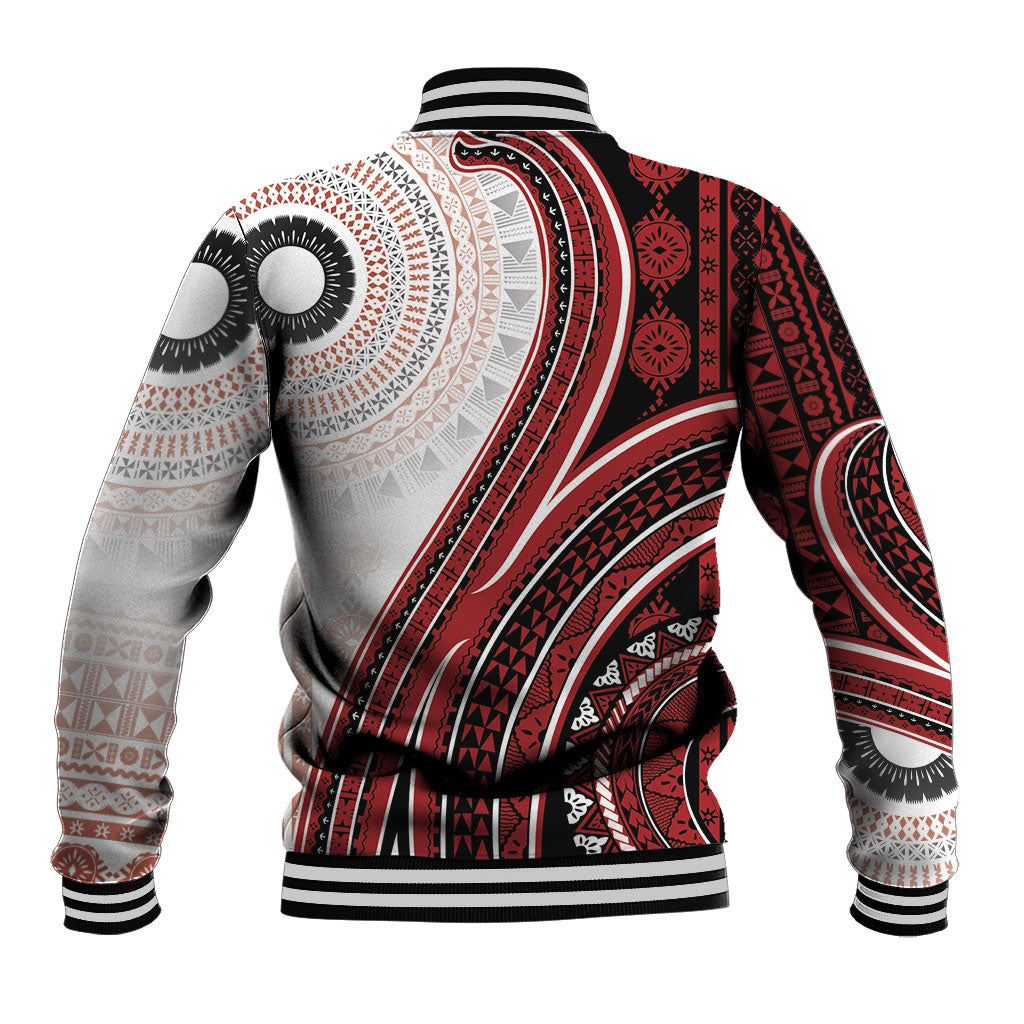 Bula Fiji Vintage Tapa Baseball Jacket Kaivity Masi Wave Motifs - Red LT7 - Polynesian Pride