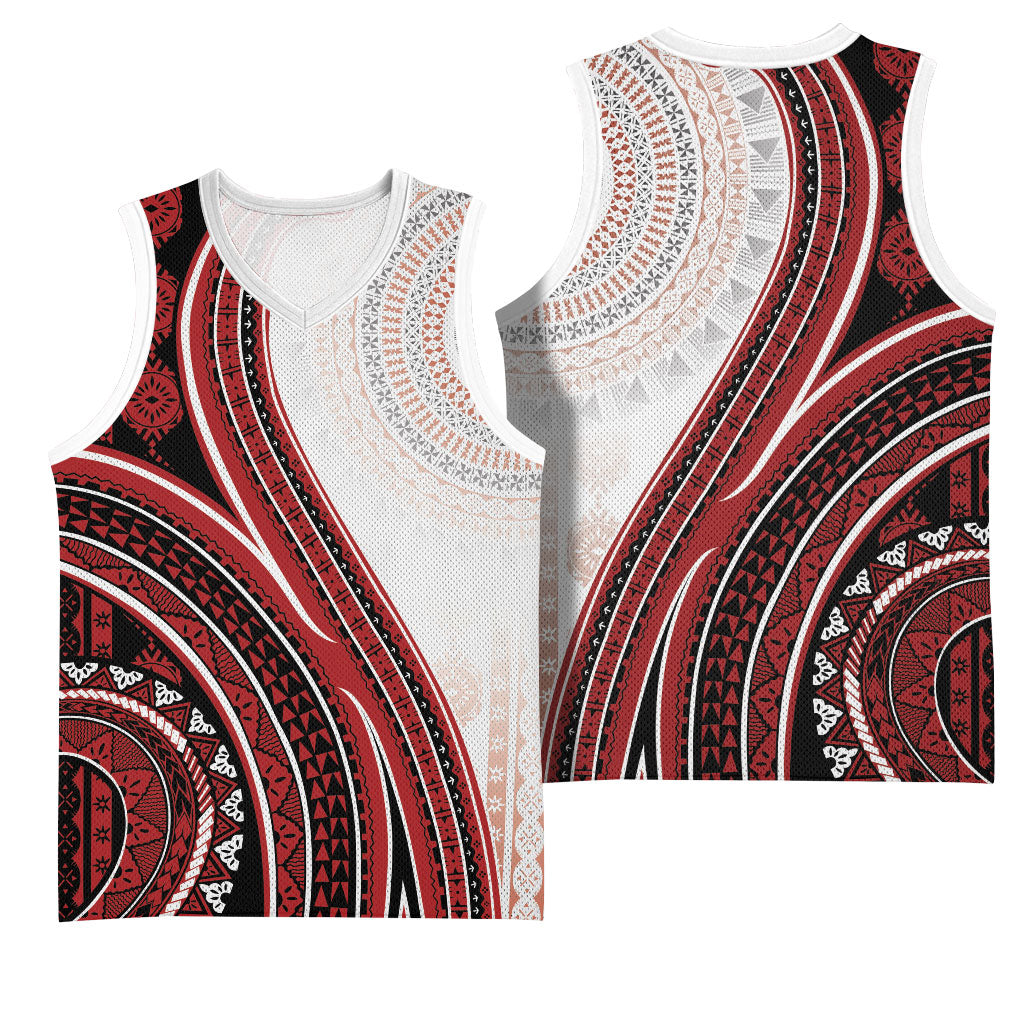 Bula Fiji Vintage Tapa Basketball Jersey Kaivity Masi Wave Motifs - Red LT7 - Polynesian Pride