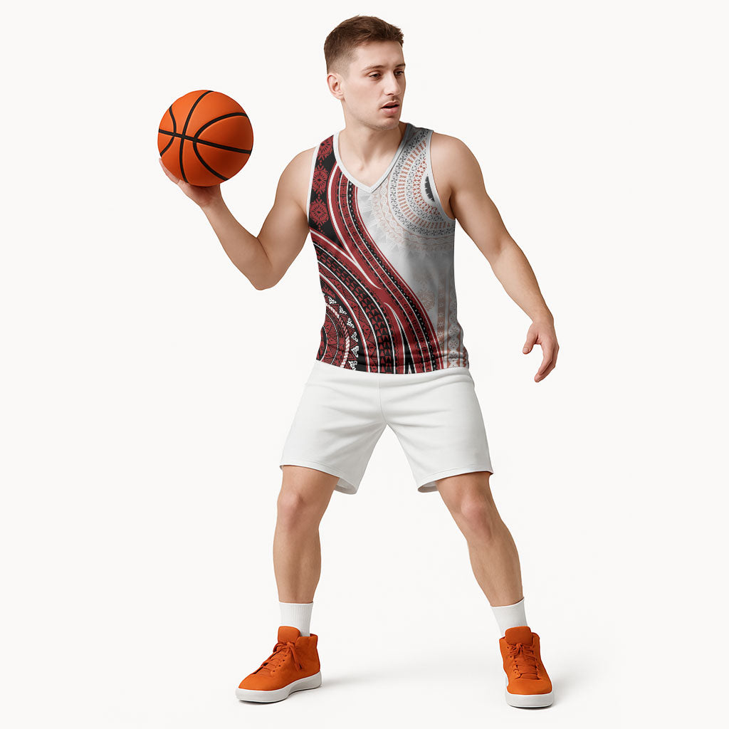 Bula Fiji Vintage Tapa Basketball Jersey Kaivity Masi Wave Motifs - Red LT7 - Polynesian Pride