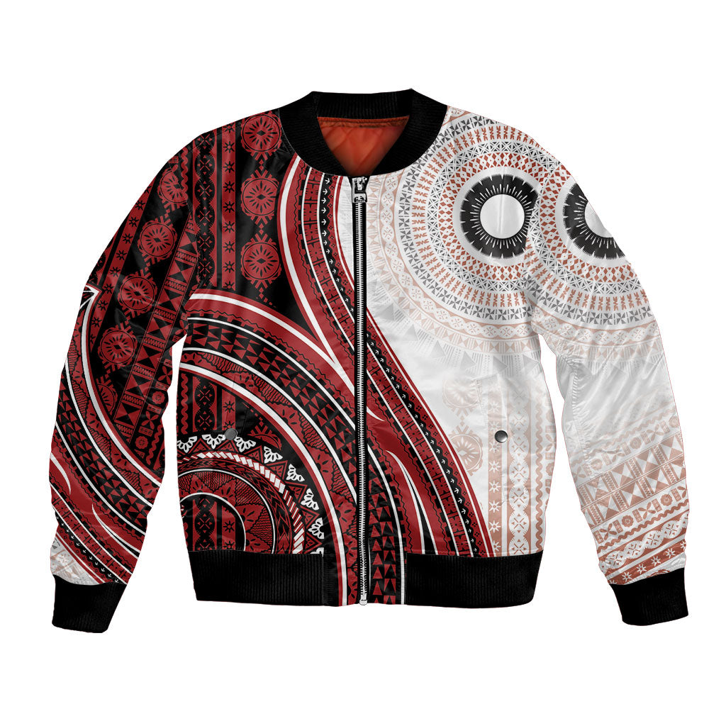 Bula Fiji Vintage Tapa Bomber Jacket Kaivity Masi Wave Motifs - Red LT7 Unisex Red - Polynesian Pride