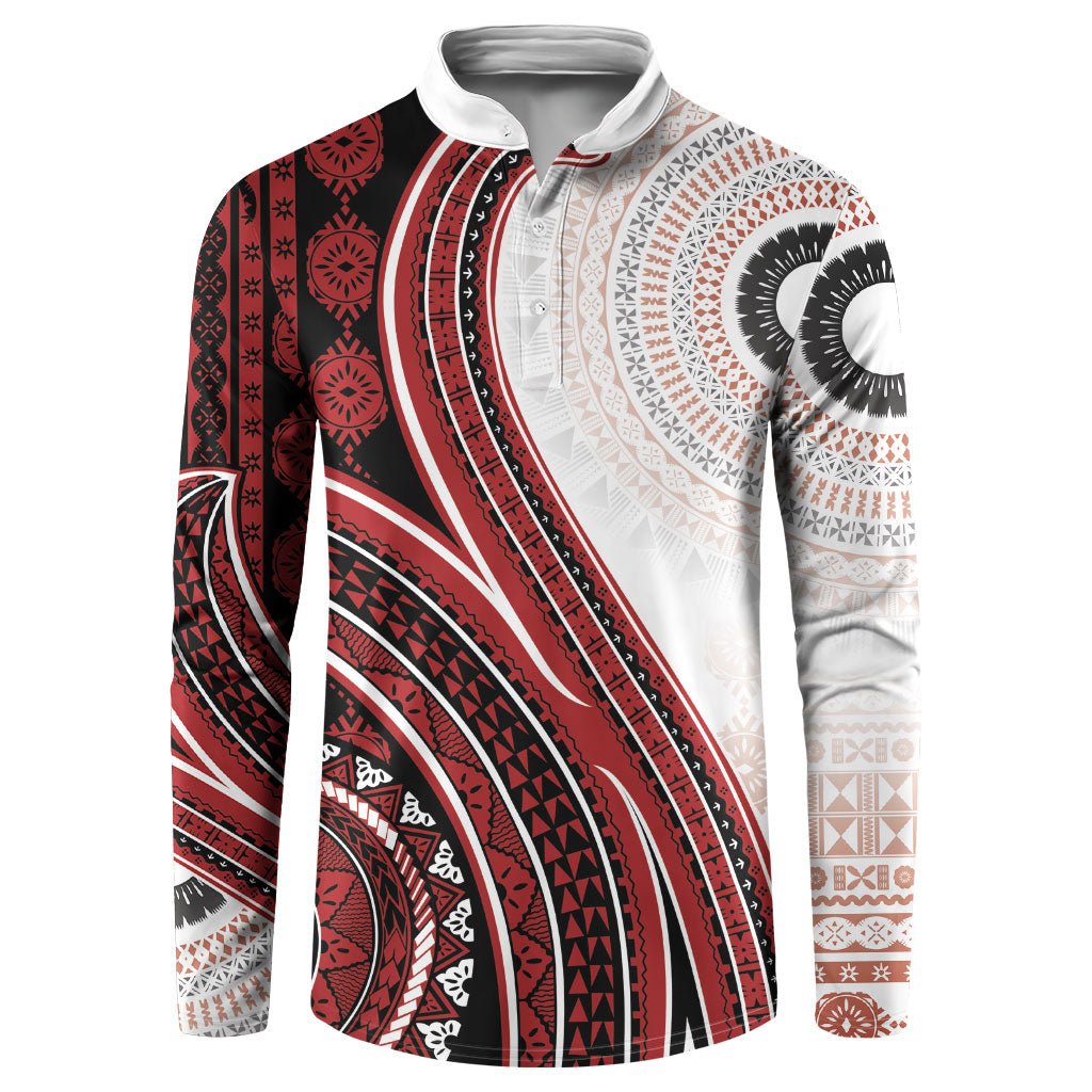 Bula Fiji Vintage Tapa Button Sweatshirt Kaivity Masi Wave Motifs - Red