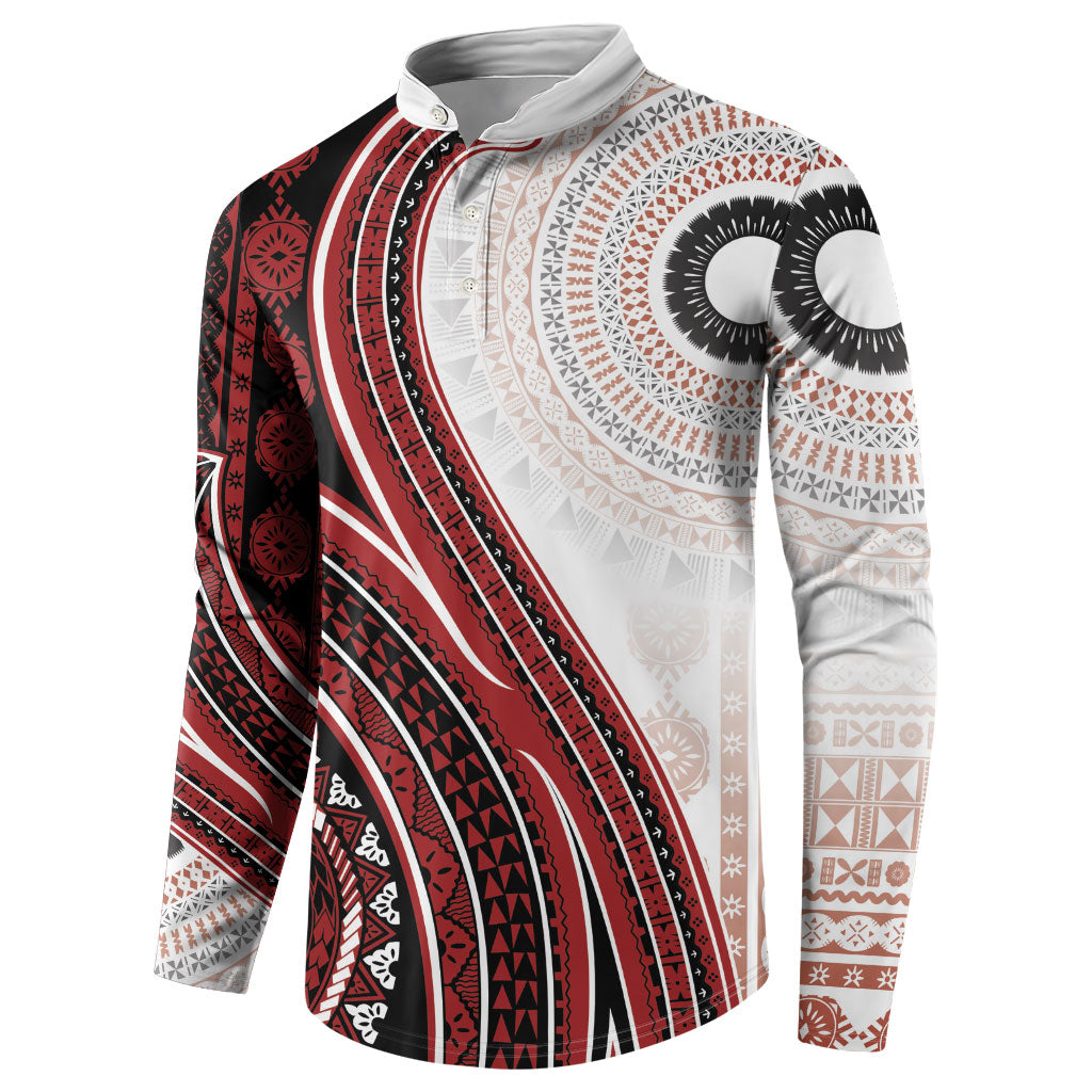 Bula Fiji Vintage Tapa Button Sweatshirt Kaivity Masi Wave Motifs - Red LT7 - Polynesian Pride