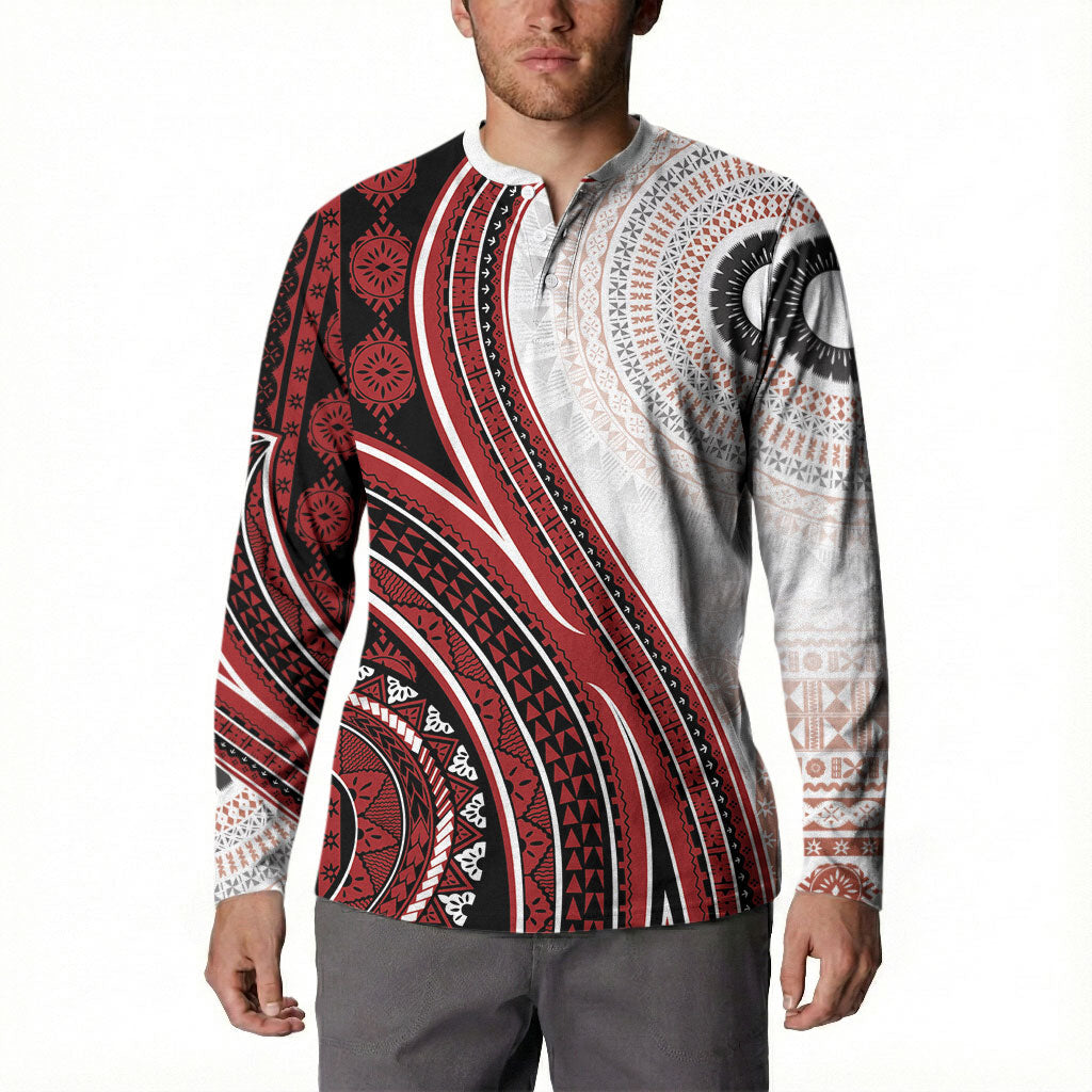 Bula Fiji Vintage Tapa Button Sweatshirt Kaivity Masi Wave Motifs - Red LT7 - Polynesian Pride