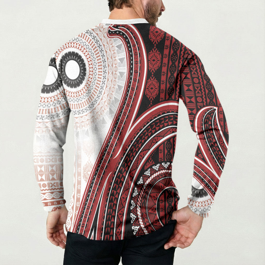 Bula Fiji Vintage Tapa Button Sweatshirt Kaivity Masi Wave Motifs - Red LT7 - Polynesian Pride