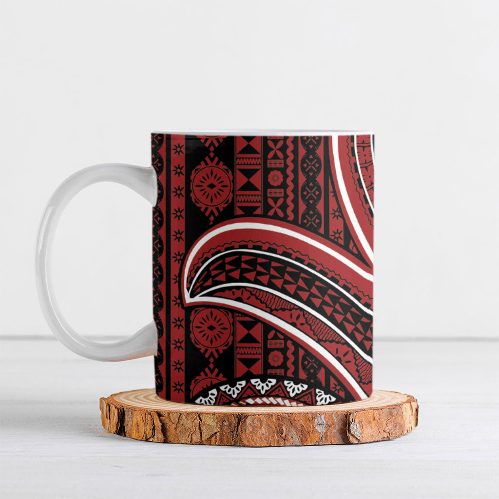 Bula Fiji Vintage Tapa Ceramic Mug Kaivity Masi Wave Motifs - Red LT7 Red - Polynesian Pride