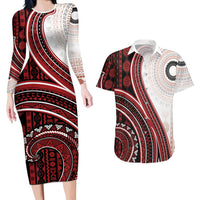 Bula Fiji Vintage Tapa Couples Matching Long Sleeve Bodycon Dress and Hawaiian Shirt Kaivity Masi Wave Motifs - Red