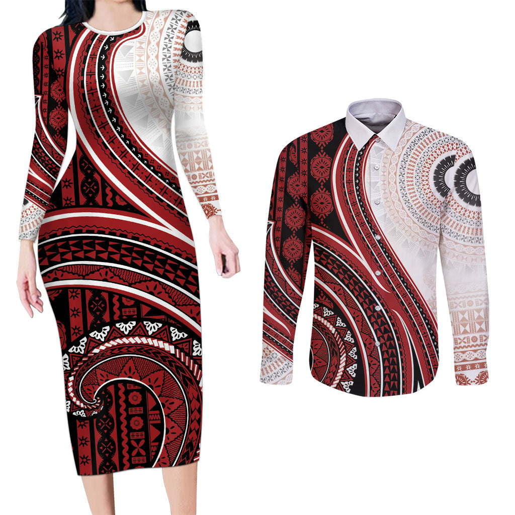 Bula Fiji Vintage Tapa Couples Matching Long Sleeve Bodycon Dress and Long Sleeve Button Shirt Kaivity Masi Wave Motifs - Red