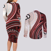 Bula Fiji Vintage Tapa Couples Matching Long Sleeve Bodycon Dress and Long Sleeve Button Shirt Kaivity Masi Wave Motifs - Red