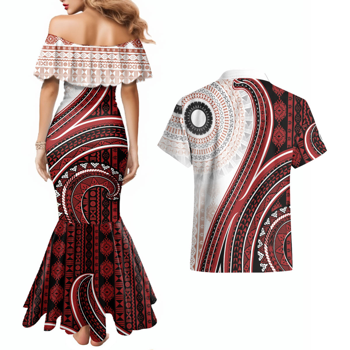 Bula Fiji Vintage Tapa Couples Matching Mermaid Dress and Hawaiian Shirt Kaivity Masi Wave Motifs - Red