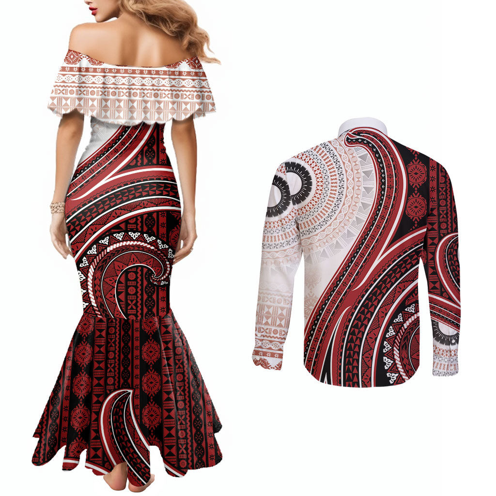 Bula Fiji Vintage Tapa Couples Matching Mermaid Dress and Long Sleeve Button Shirt Kaivity Masi Wave Motifs - Red