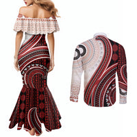 Bula Fiji Vintage Tapa Couples Matching Mermaid Dress and Long Sleeve Button Shirt Kaivity Masi Wave Motifs - Red