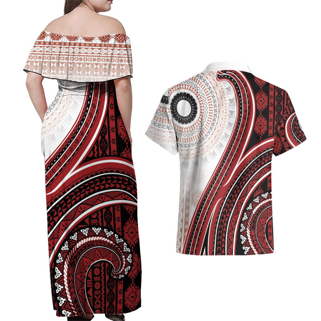 Bula Fiji Vintage Tapa Couples Matching Off Shoulder Maxi Dress and Hawaiian Shirt Kaivity Masi Wave Motifs - Red