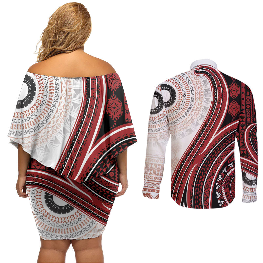 Bula Fiji Vintage Tapa Couples Matching Off Shoulder Short Dress and Long Sleeve Button Shirt Kaivity Masi Wave Motifs - Red