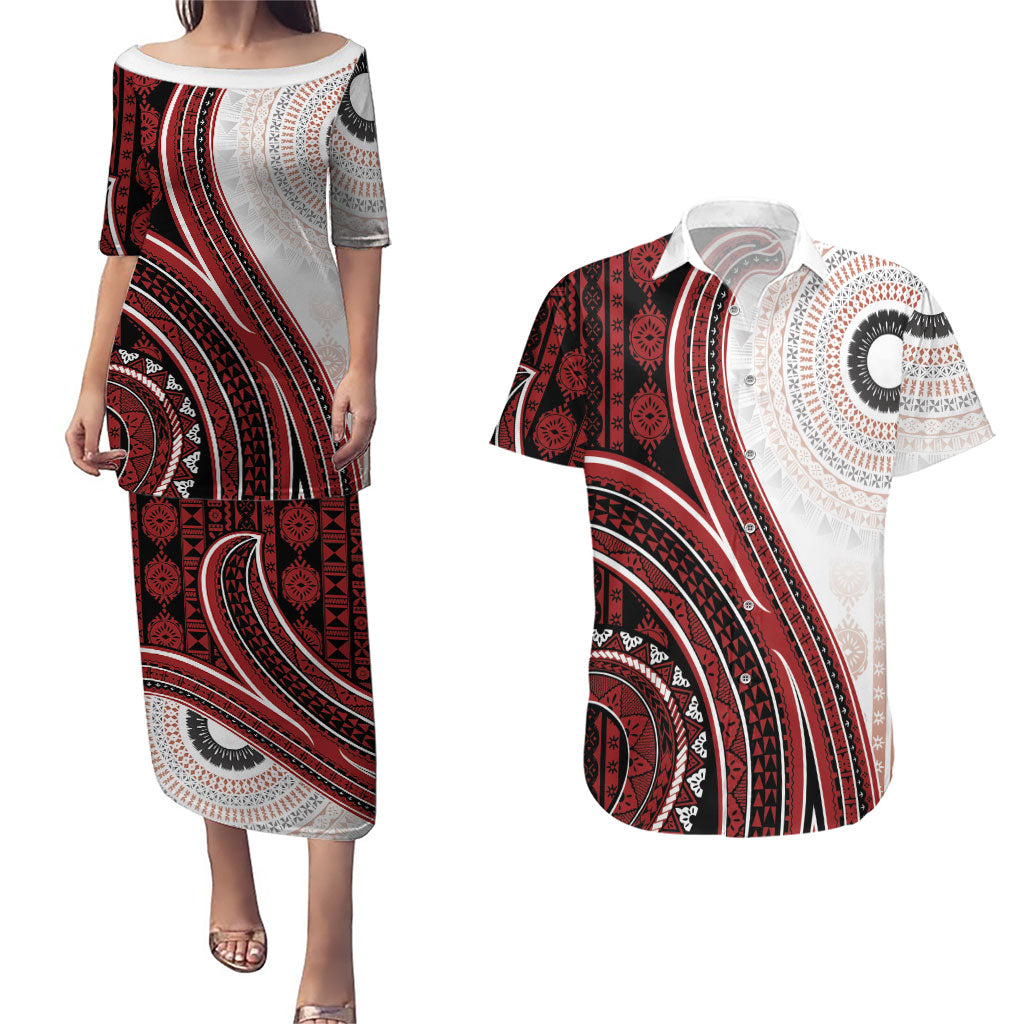 Bula Fiji Vintage Tapa Couples Matching Puletasi and Hawaiian Shirt Kaivity Masi Wave Motifs - Red LT7 Red - Polynesian Pride