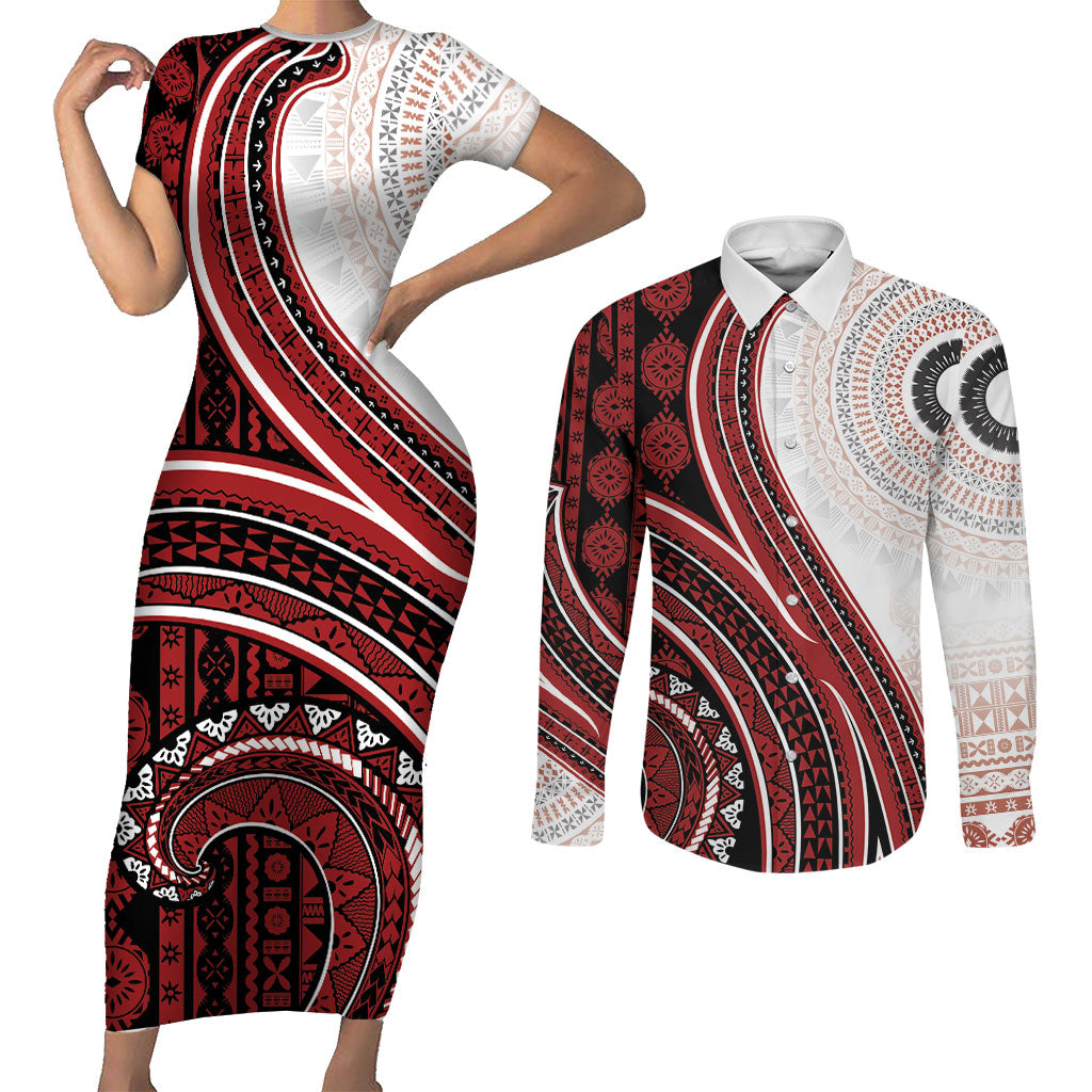 Bula Fiji Vintage Tapa Couples Matching Short Sleeve Bodycon Dress and Long Sleeve Button Shirt Kaivity Masi Wave Motifs - Red