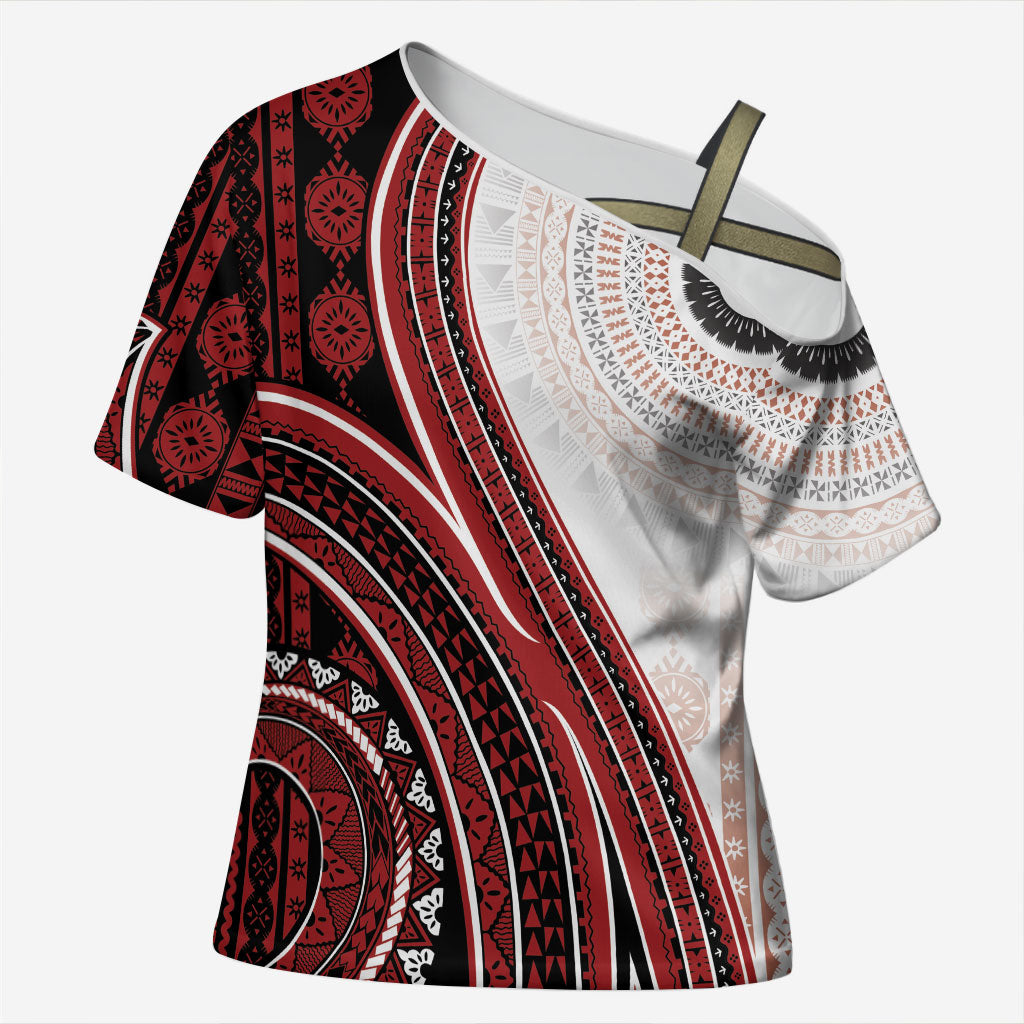 Bula Fiji Vintage Tapa Cross Shoulder Shirt Kaivity Masi Wave Motifs - Red