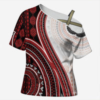 Bula Fiji Vintage Tapa Cross Shoulder Shirt Kaivity Masi Wave Motifs - Red