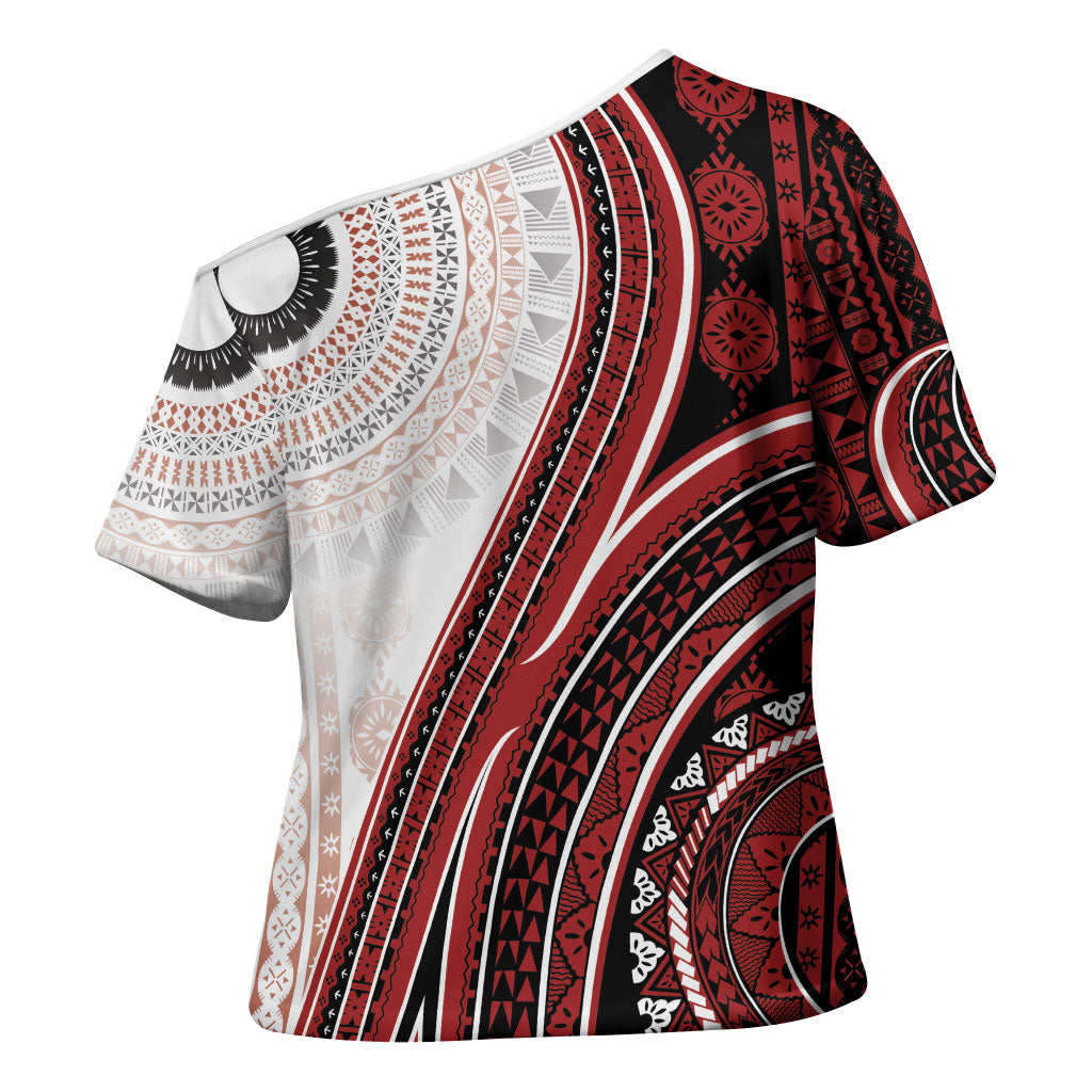 Bula Fiji Vintage Tapa Cross Shoulder Shirt Kaivity Masi Wave Motifs - Red