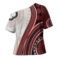 Bula Fiji Vintage Tapa Cross Shoulder Shirt Kaivity Masi Wave Motifs - Red