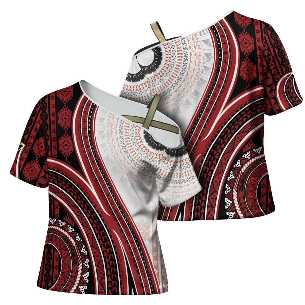 Bula Fiji Vintage Tapa Cross Shoulder Shirt Kaivity Masi Wave Motifs - Red