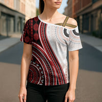 Bula Fiji Vintage Tapa Cross Shoulder Shirt Kaivity Masi Wave Motifs - Red