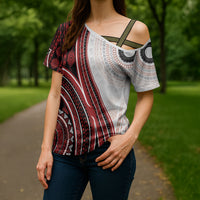 Bula Fiji Vintage Tapa Cross Shoulder Shirt Kaivity Masi Wave Motifs - Red
