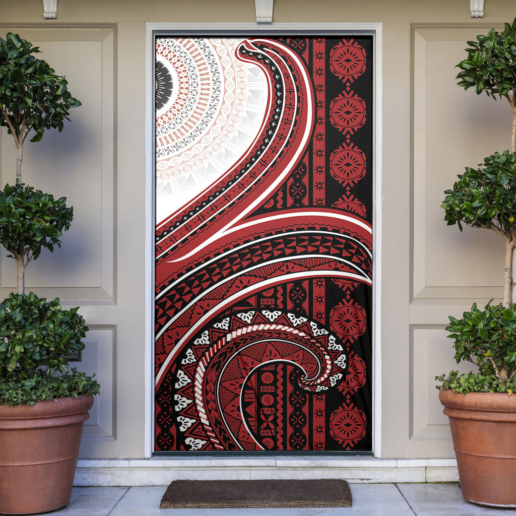 Bula Fiji Vintage Tapa Door Cover Kaivity Masi Wave Motifs - Red LT7 Red - Polynesian Pride
