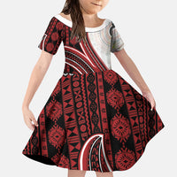 Bula Fiji Vintage Tapa Family Matching Long Sleeve Bodycon Dress and Hawaiian Shirt Kaivity Masi Wave Motifs - Red
