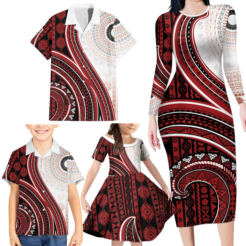 Bula Fiji Vintage Tapa Family Matching Long Sleeve Bodycon Dress and Hawaiian Shirt Kaivity Masi Wave Motifs - Red
