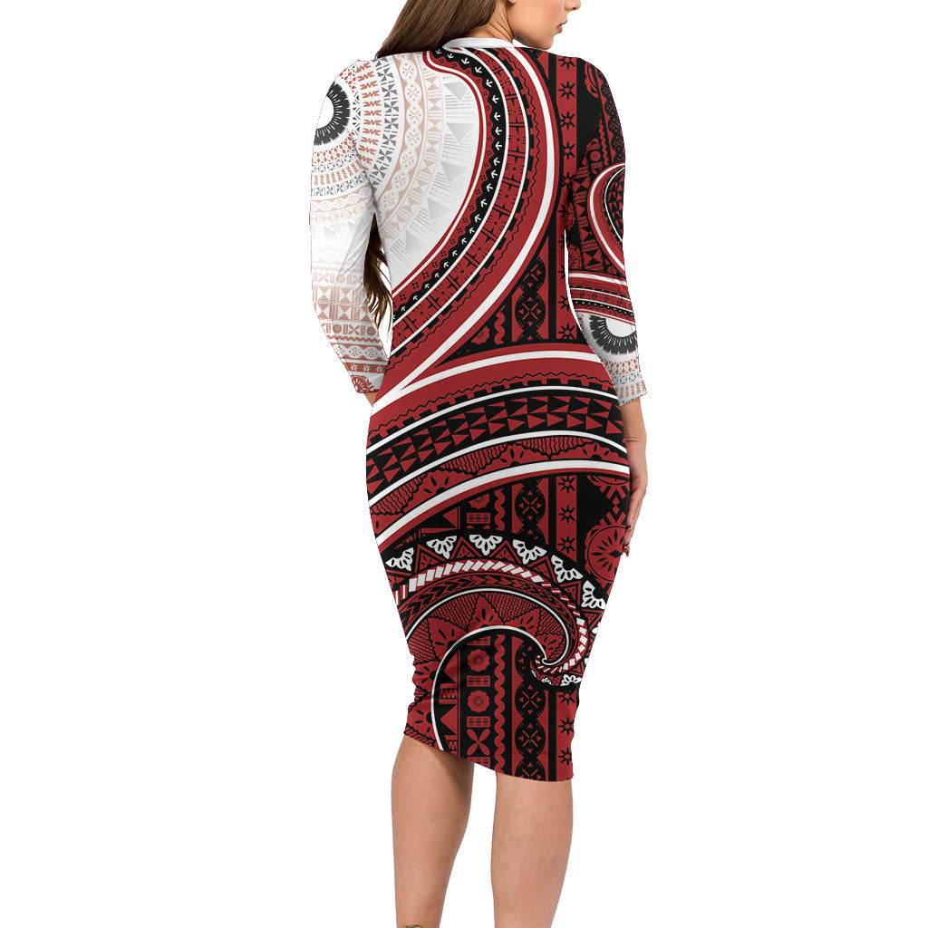 Bula Fiji Vintage Tapa Family Matching Long Sleeve Bodycon Dress and Hawaiian Shirt Kaivity Masi Wave Motifs - Red