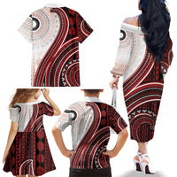 Bula Fiji Vintage Tapa Family Matching Off The Shoulder Long Sleeve Dress and Hawaiian Shirt Kaivity Masi Wave Motifs - Red