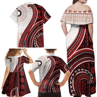 Bula Fiji Vintage Tapa Family Matching Off Shoulder Maxi Dress and Hawaiian Shirt Kaivity Masi Wave Motifs - Red