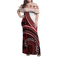 Bula Fiji Vintage Tapa Family Matching Off Shoulder Maxi Dress and Hawaiian Shirt Kaivity Masi Wave Motifs - Red