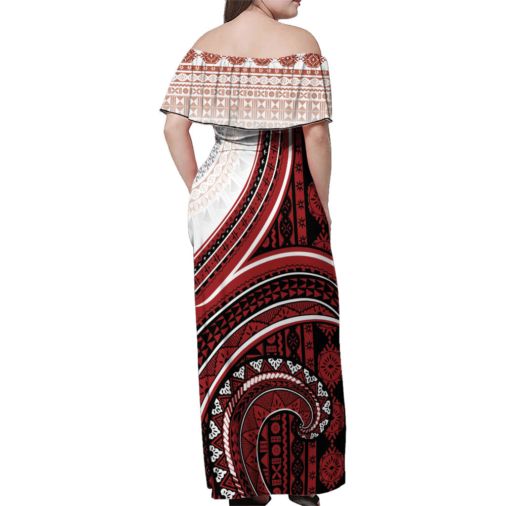 Bula Fiji Vintage Tapa Family Matching Off Shoulder Maxi Dress and Hawaiian Shirt Kaivity Masi Wave Motifs - Red