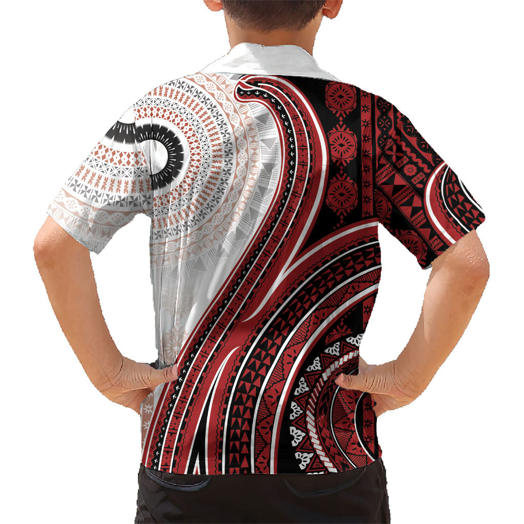 Bula Fiji Vintage Tapa Family Matching Off Shoulder Short Dress and Hawaiian Shirt Kaivity Masi Wave Motifs - Red
