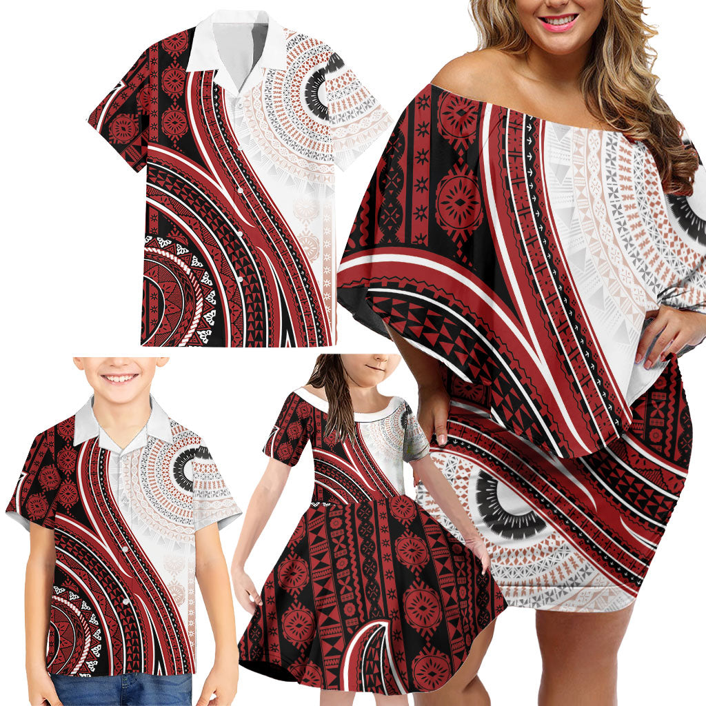 Bula Fiji Vintage Tapa Family Matching Off Shoulder Short Dress and Hawaiian Shirt Kaivity Masi Wave Motifs - Red
